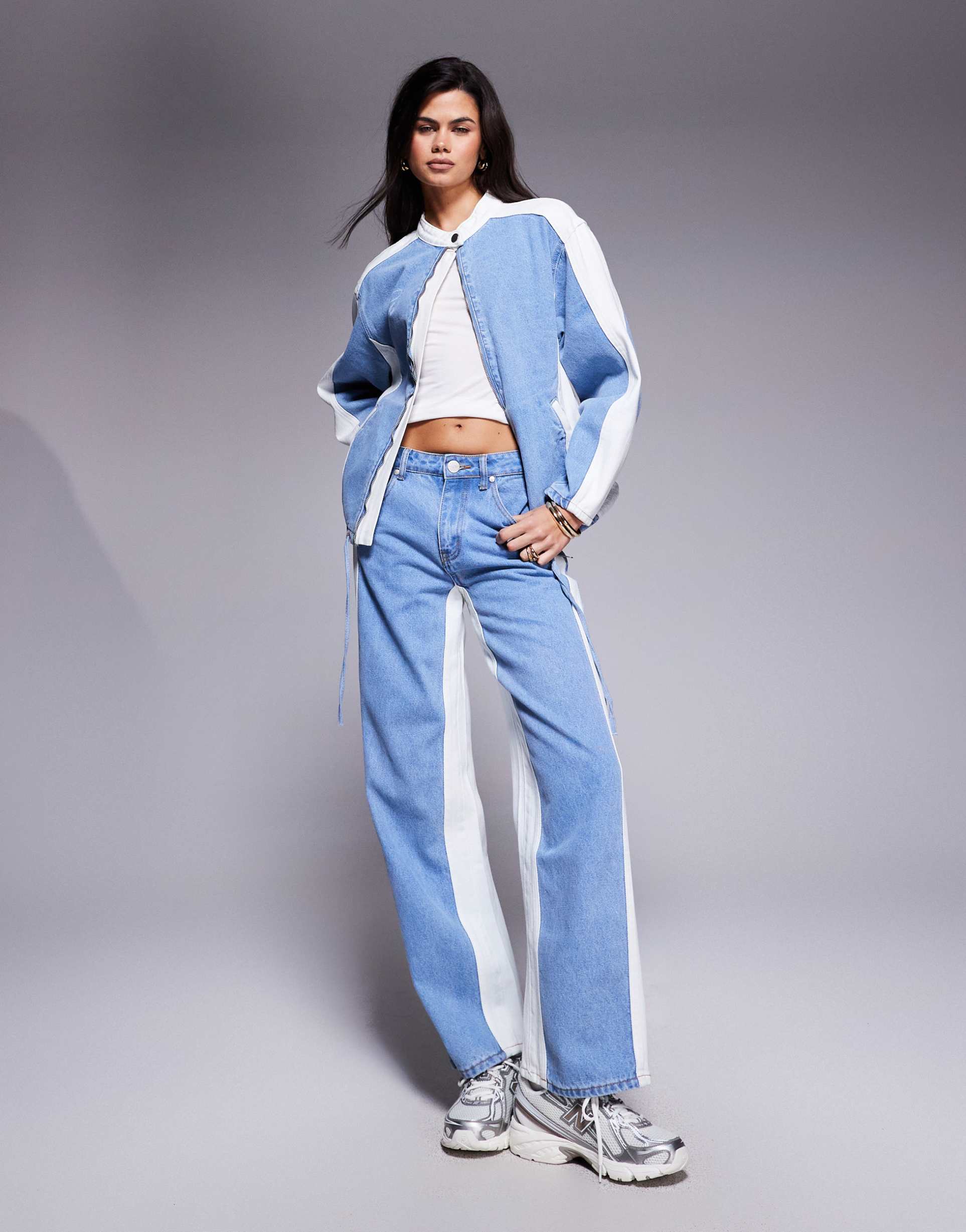 liquor n poker oversized denim biker jacket with contrast panel in multi - part of a set