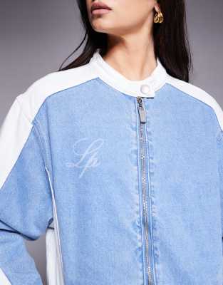 Liquor N Poker Oversized Denim Biker Jacket With Contrast Panel In Multi