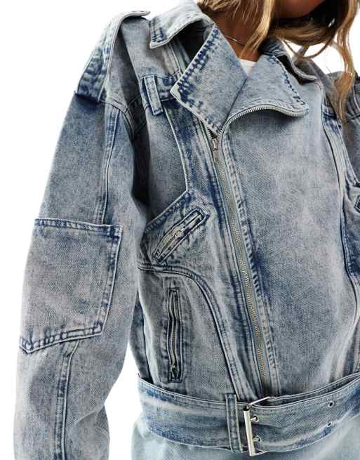 Liquor n Poker - Oversized denim-bikerjakke i blå syrevask, 4 af 4