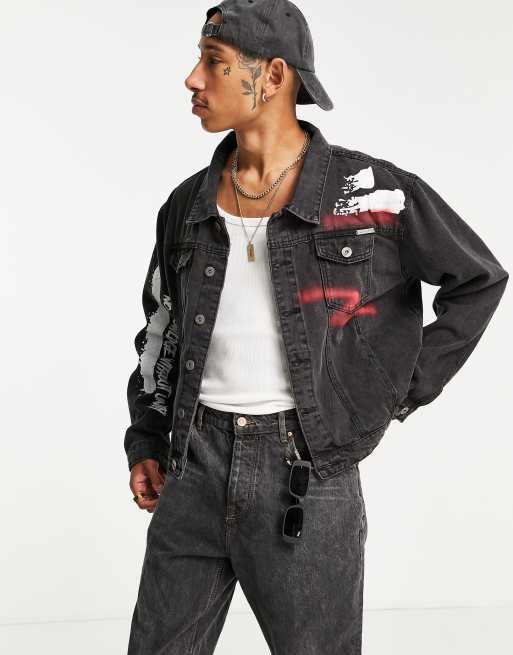 Black graphic hot sale jean jacket