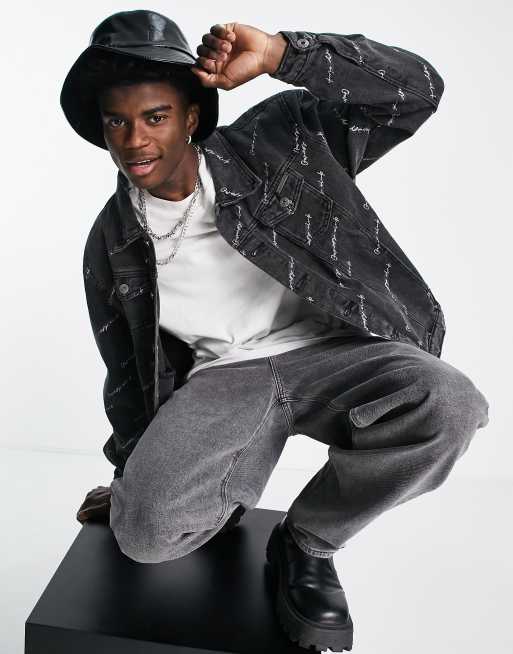 Liquor N Poker oversized denim jacket in black with motorsport all over print - part of a set