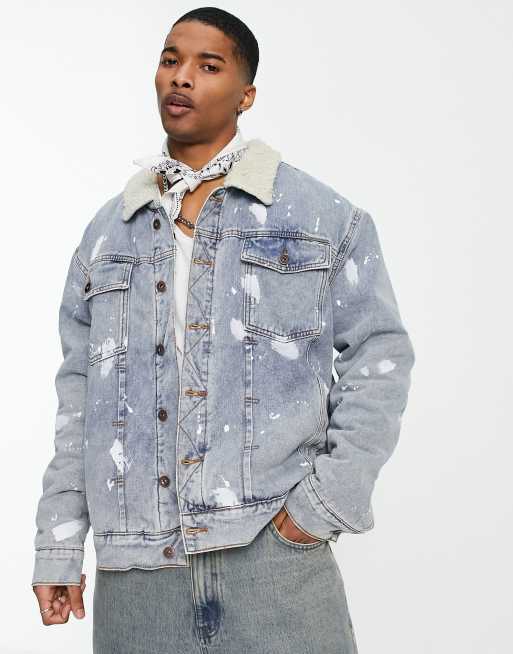 Liquor N Poker oversized denim jacket in midwash blue with shearling lining