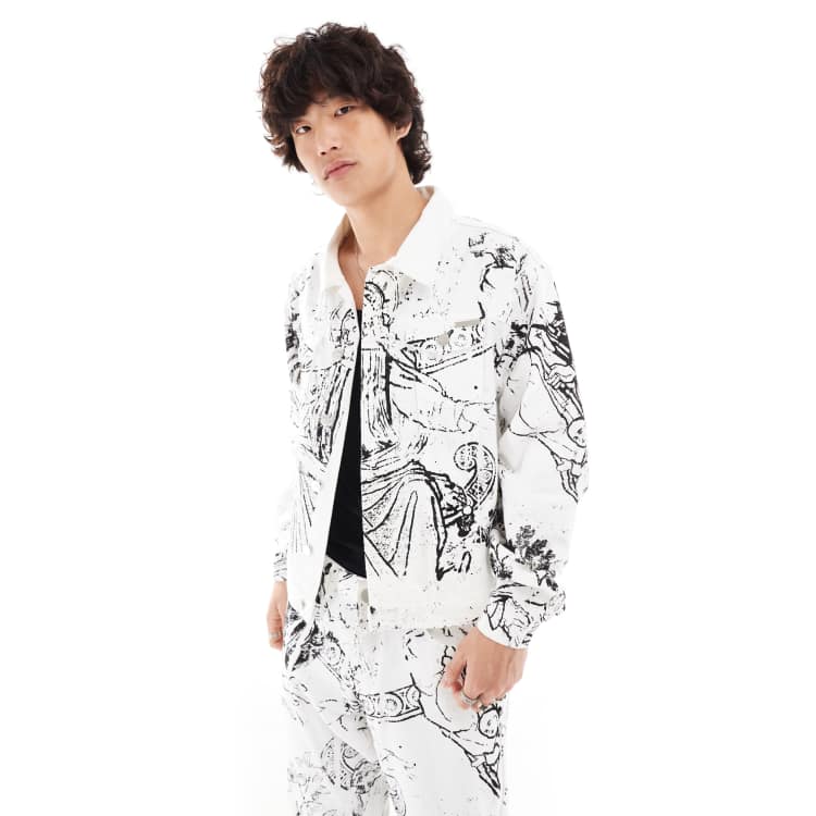 Liquor N Poker oversized denim jacket with Renaissance print in