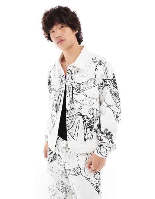 Liquor N Poker oversized denim jacket with Renaissance print in white and black (part of a set)