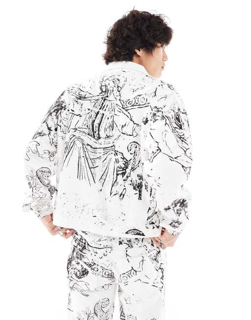 Liquor N Poker oversized denim jacket with Renaissance print in