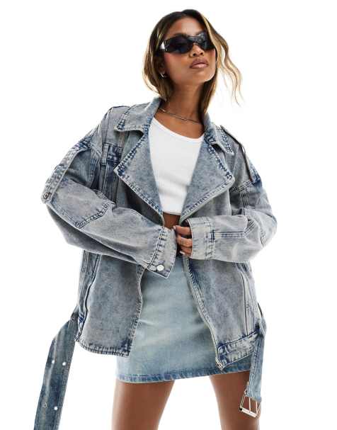 Liquor N Poker oversized denim moto jacket in blue acid wash - view 1