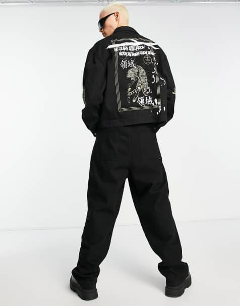 Liquor N Poker oversized denim trucker jacket in black with tiger embroidery - part of a set - view 1