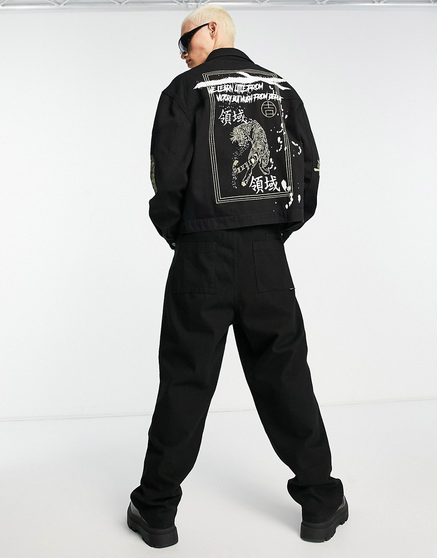 Liquor N Poker Oversized Denim Trucker Jacket In Black With Tiger Embroidery - Part Of A Set