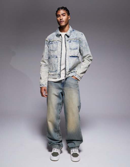 Liquor N Poker oversized distressed denim zip jacket in light blue wash, 2 of 5