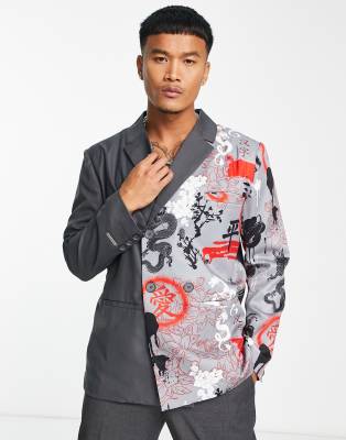 Liquor N Poker Oversized Double Breasted Blazer In Spliced Gray With Dragon Print