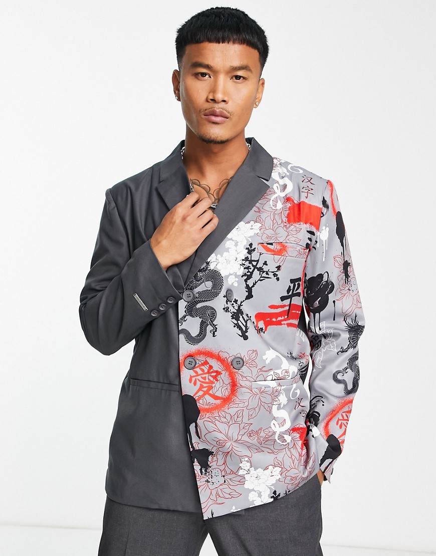 Liquor N Poker oversized double breasted blazer in spliced grey with dragon print