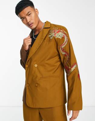 Liquor N Poker oversized double breasted suit jacket in spliced brown with placement dragon print