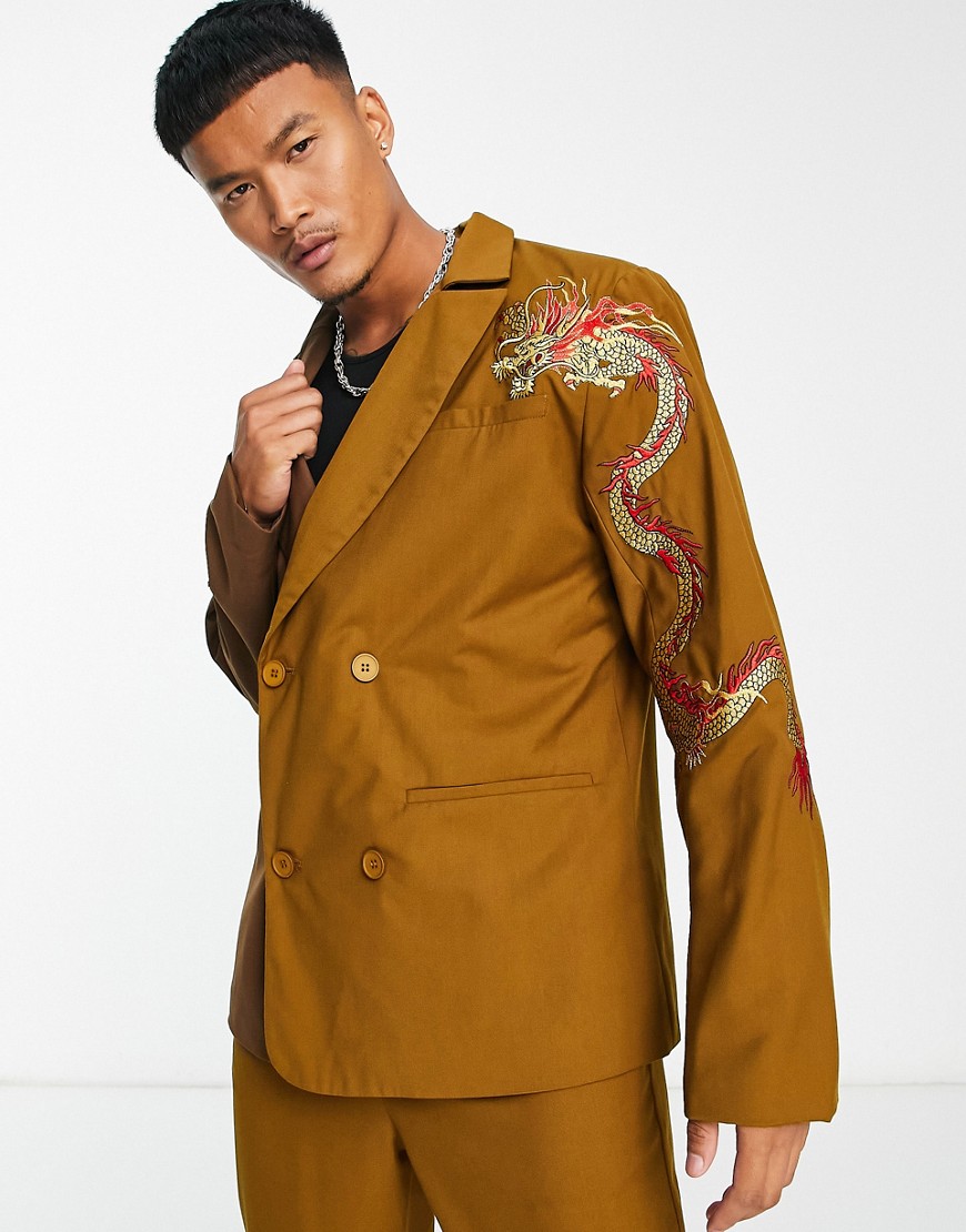 Liquor N Poker Oversized Double Breasted Suit Jacket In Spliced Brown With Placement Dragon Print