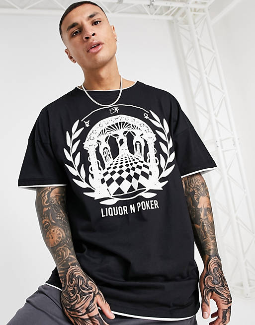 Liquor N Poker oversized double layered t-shirt in black with greek print