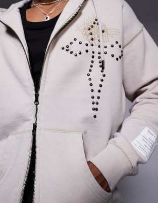 Liquor N Poker oversized graphic motif two way zip hoodie in beige
