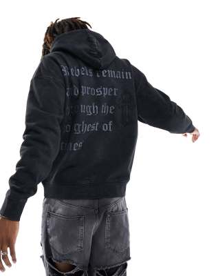 Liquor N Poker Oversized Hoodie In Gray Acid Wash-black