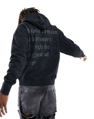 Liquor N Poker oversized hoodie in grey acid wash