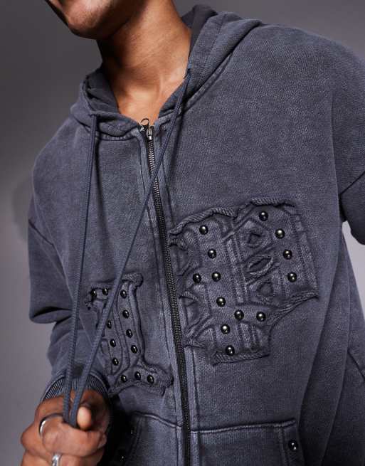 Liquor N Poker - Oversized hoodie met appliqué-patch en studlogo in grijs, 3 van 4
