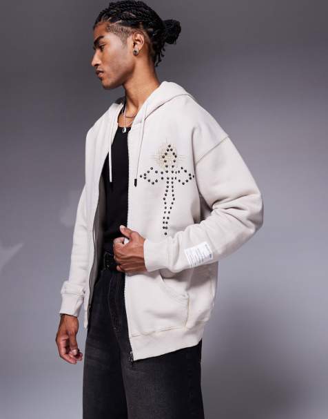 Liquor N Poker - Oversized hoodie met print en dubbelzijdige rits in beige - view 1