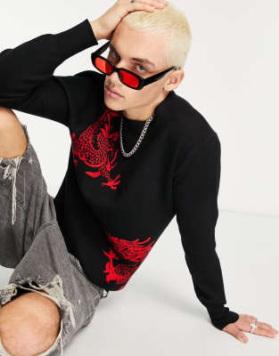 Liquor N Poker Oversized Knit Sweater In Black With Placement Dragon Print