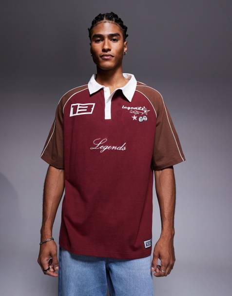 Liquor N Poker oversized logo polo with contrast sleeves and collar in burgundy - view 1