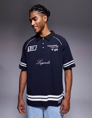 Liquor N Poker Oversized Logo Polo With Contrast Stripes And Collar In Blue