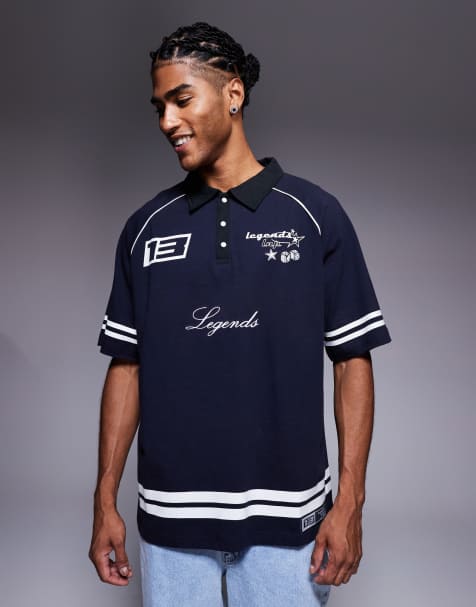 Liquor N Poker oversized logo polo with contrast stripes and collar in navy - view 1