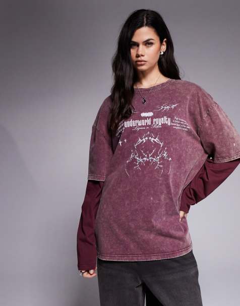 Liquor N Poker oversized long sleeve t-shirt with broken hearts graphic in pink - view 1