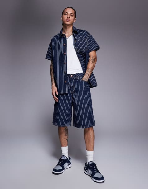 Liquor N Poker oversized pinstripe denim jorts in dark denim - view 1