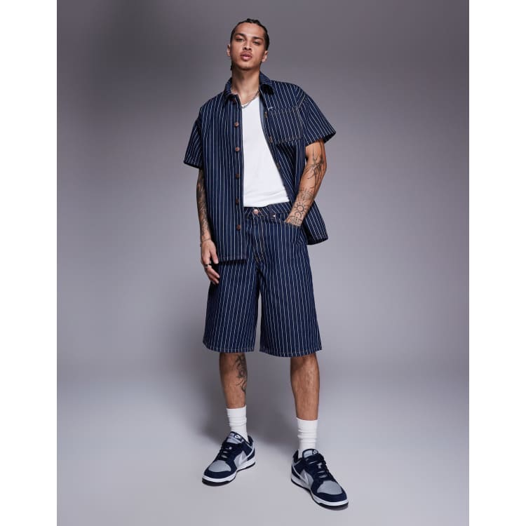 Liquor N Poker oversized pinstripe denim jorts in dark denim | ASOS