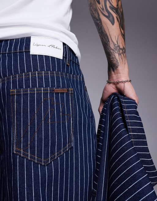 Liquor N Poker oversized pinstripe denim jorts in dark denim , 5 of 5