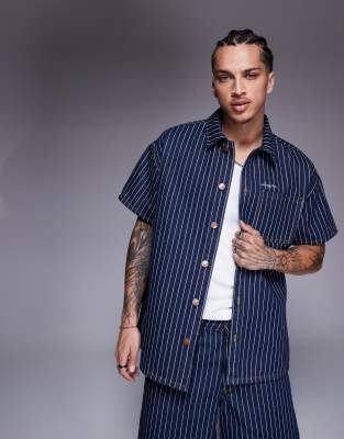 oversized pinstripe denim shirt in dark denim-Blue