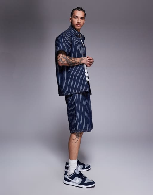 Liquor N Poker oversized pinstripe denim shirt in dark denim 