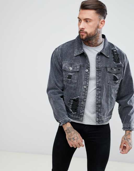 Liquor N Poker Oversized Ripped Denim Jacket In Black | ASOS