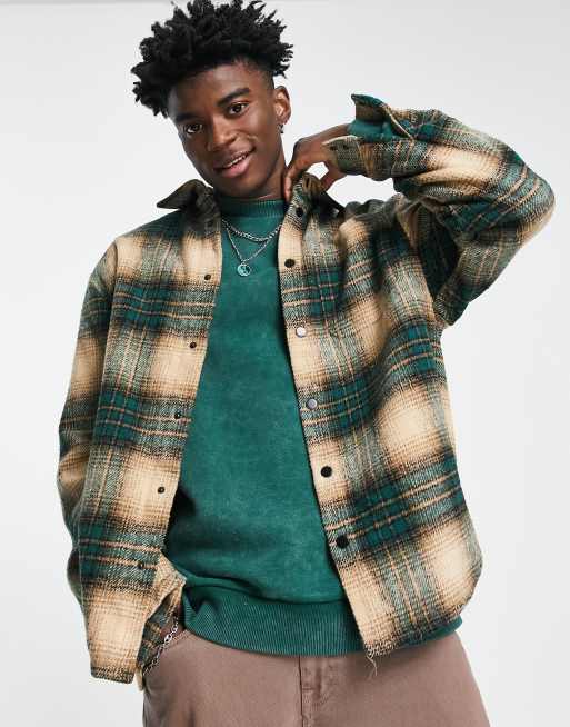Liquor N Poker oversized shirt in cream and green plaid
