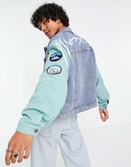 Liquor N Poker oversized trucker jacket in blue and green with patches and embroidery (part of a set)