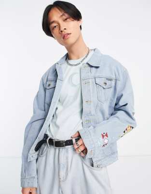 Liquor N Poker co-ord oversized trucker jacket in lightwash blue denim with aztec embroidery - ASOS Price Checker