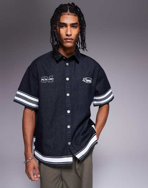 Liquor N Poker - Oversized varsity overhemd in raw denim - view 1