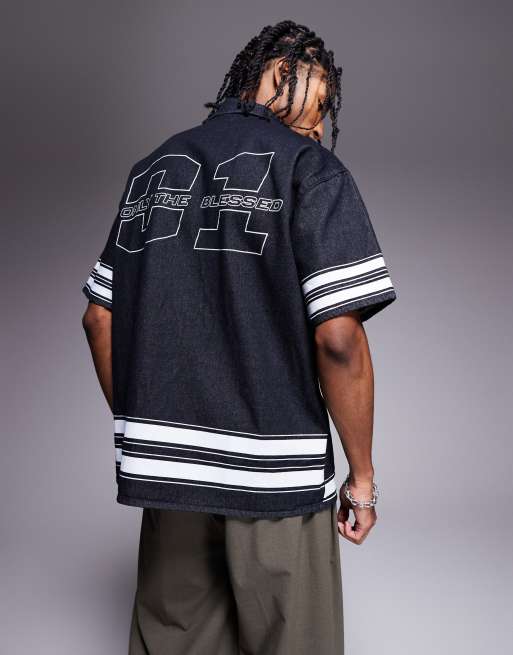 Liquor N Poker oversized varsity shirt in raw denim, 4 of 4