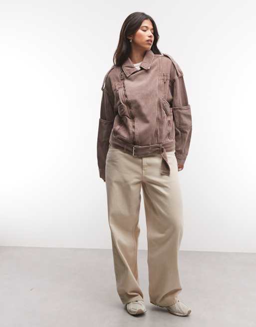 Liquor N Poker oversized zip through denim jacket in washed brown, 3 of 4