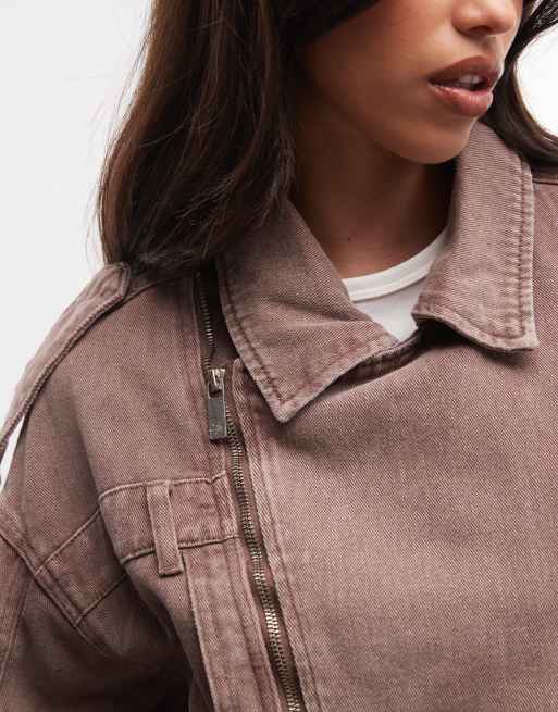 Liquor N Poker oversized zip up denim moto jacket in washed brown, 2 of 4