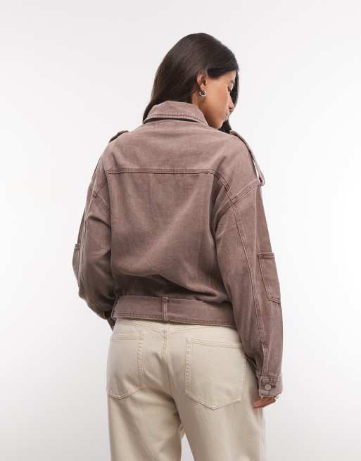 Liquor N Poker oversized zip up denim moto jacket in washed brown, 4 of 4