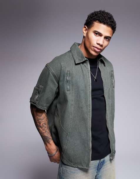 Liquor N Poker paneled denim shirt in green - view 1