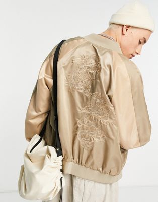 Liquor N Poker panelled bomber jacket in cream and white with dragon embroidery - ASOS Price Checker