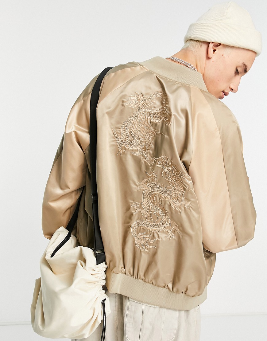 Liquor N Poker Panelled Bomber Jacket In Cream And White With Dragon Embroidery