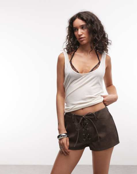 Liquor N Poker - Pantaloncini corti stringati in similpelle PU marrone - view 1