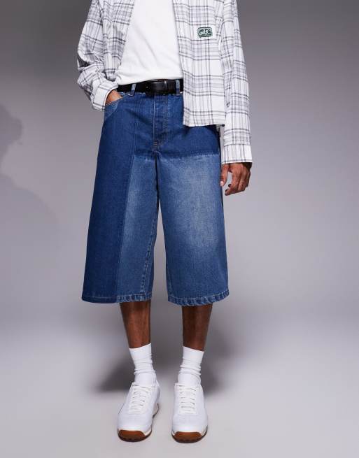Liquor N Poker - Pantaloncini di jeans extra larghi blu patchwork, 3 di 5