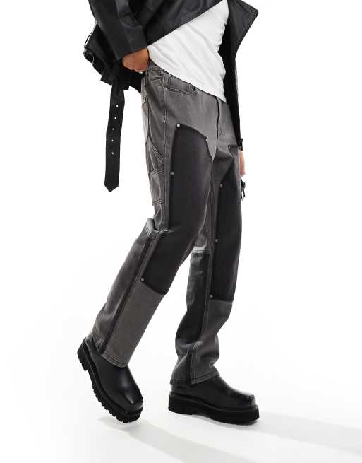 Liquor N Poker – Patchwork-Jeans in Grau-Schwarz mit ausgefranstem Saum