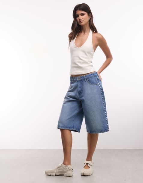 Liquor N Poker pearl studded denim jorts in blue wash - view 1