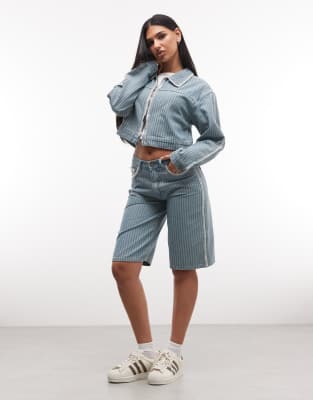 Liquor N Poker pinstripe jorts co-ord with embrodiery hem in blue